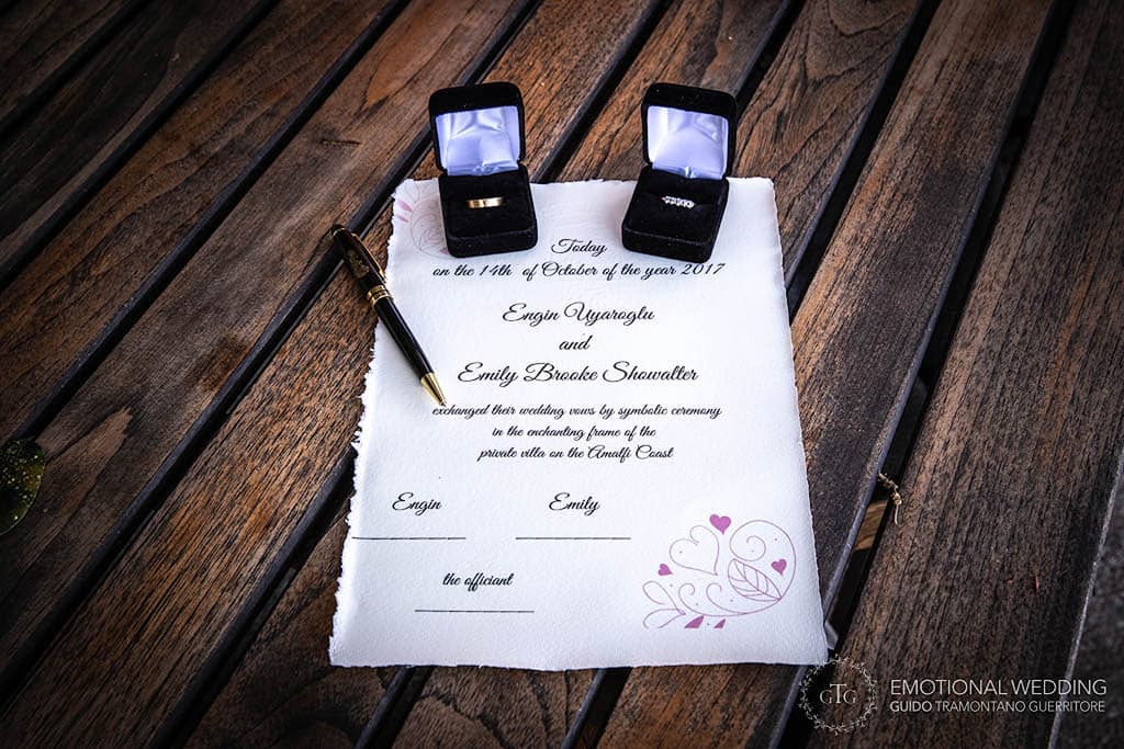 wedding rings and marriage certificate at an elopement on the Amalfi Coast