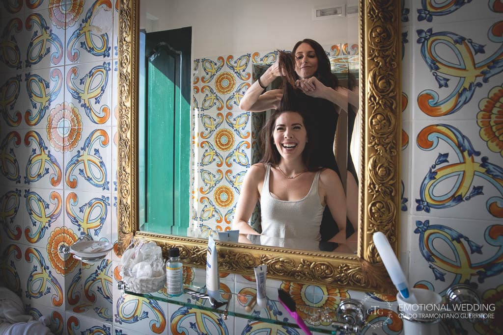 bride smiling while getting ready at a wedding in Positano, Amalfi Coast
