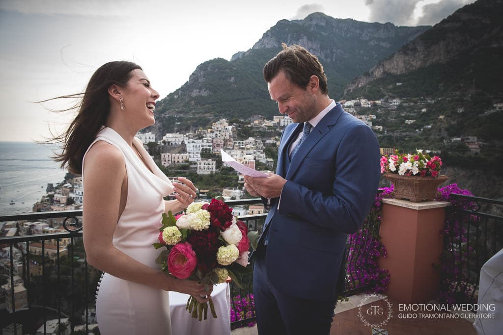 bride smiling during wedding ceremony in Positano