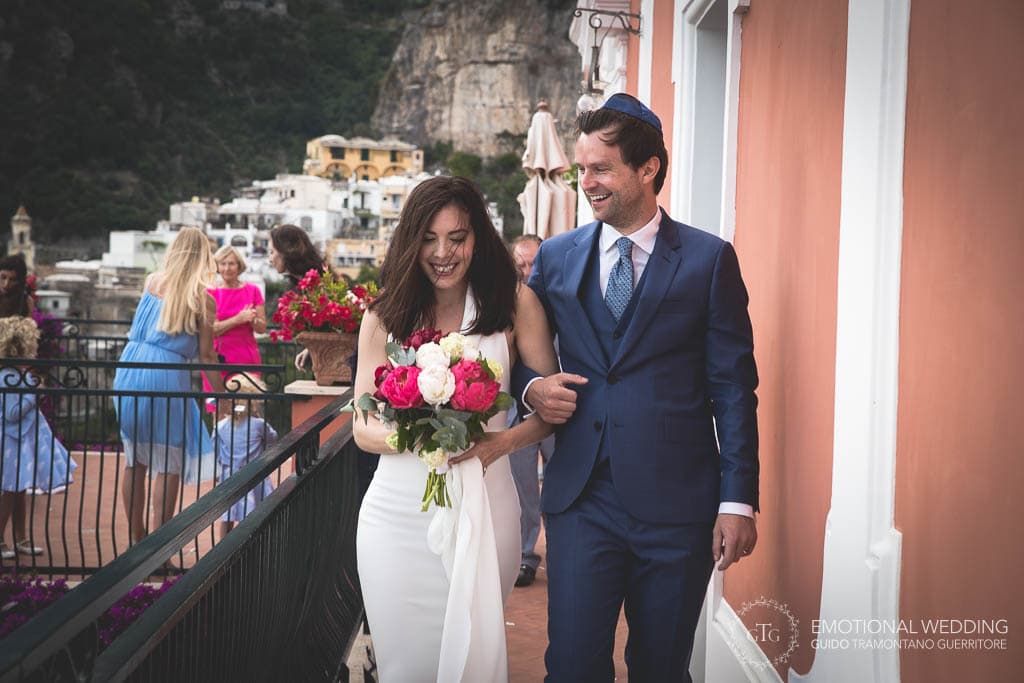 bride and groom smiling after wedding ceremony in Positano