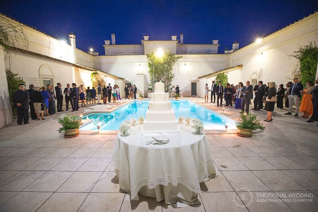 wedding cake and the pool with guests surrounding it at tenimento san Giuseppe in Apulia