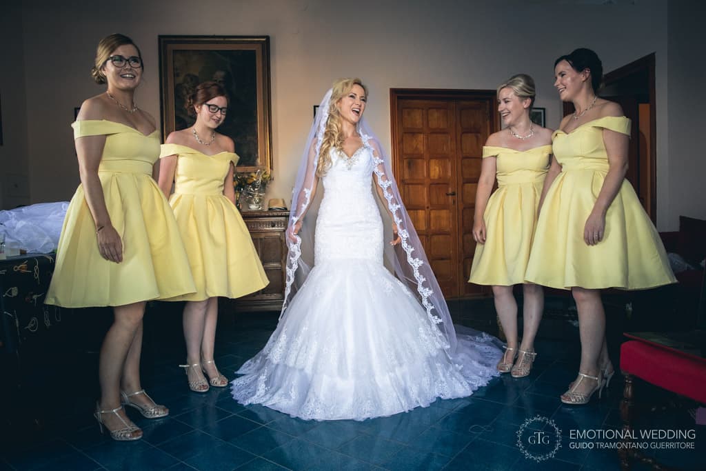 bride and bridesmaids group shot at villa scarpariello in Amalfi Coast