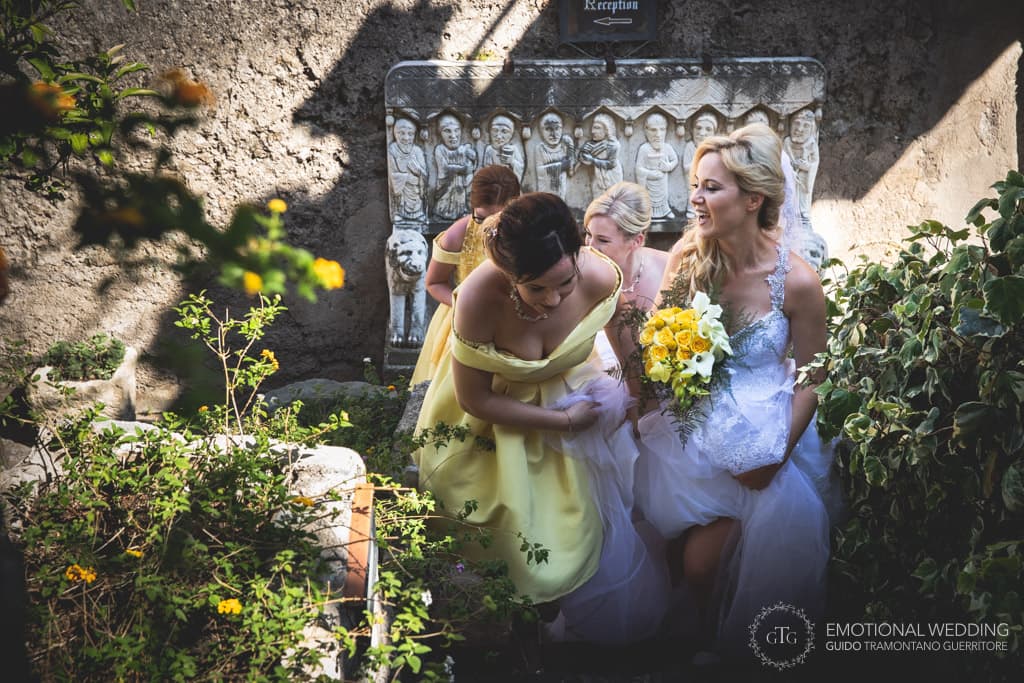bride and bridesmaids exiting villa Scarpariello in Amalfi coast