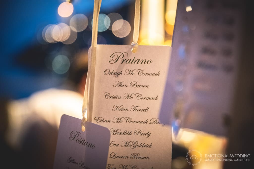 wedding decor showing table cards at a wedding party at villa Scarpariello in amalfi coast