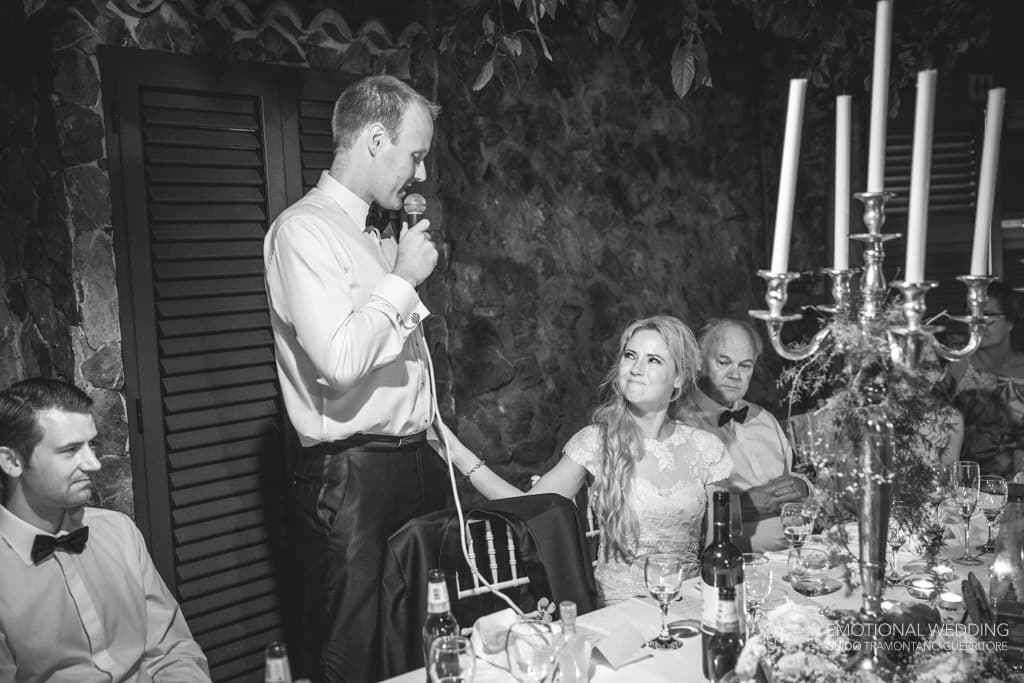 irish bride is touched by groom speech at a wedding reception at villa scarpariello