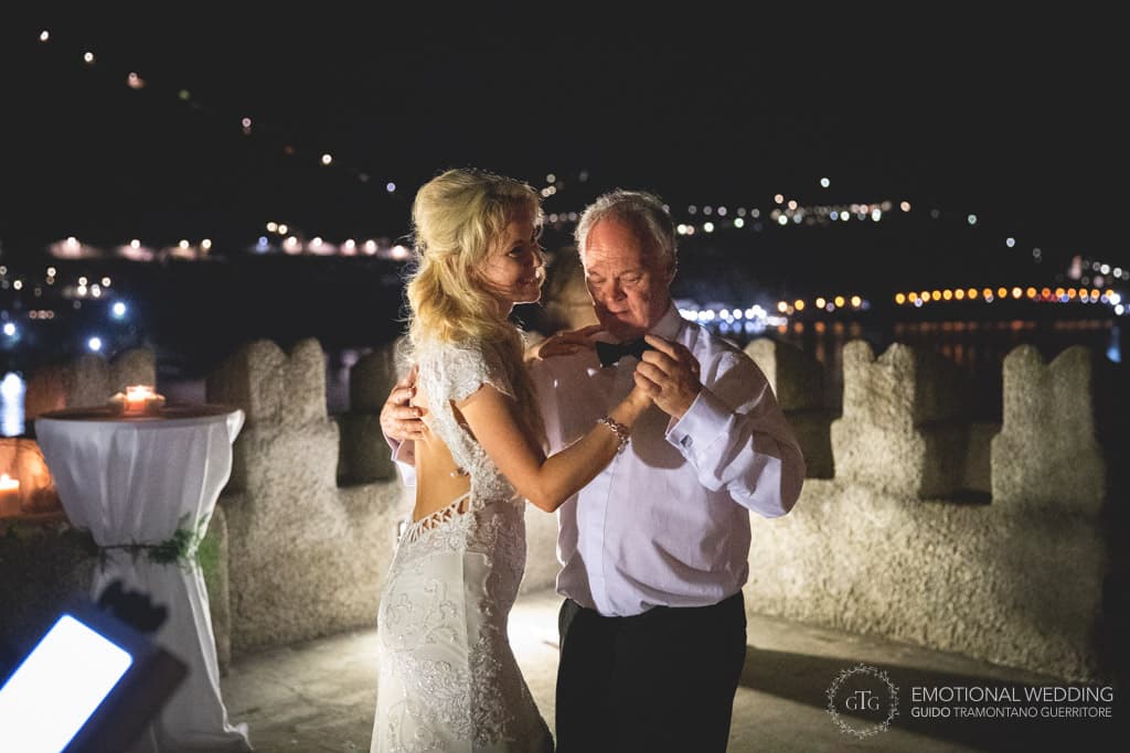 bride and her father dancing at wedding party at villa scarpariello