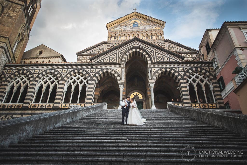 wedding couple portrait on the steps of amalfi cathedral