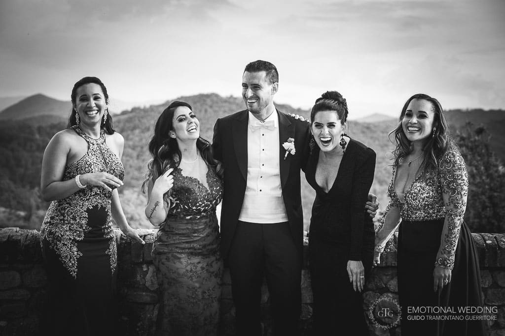 groom and bridesmaids at a destination wedding in Fidenza