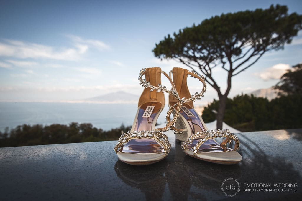 wedding shoes closeup on the terrace of villa olimpia in sorrento