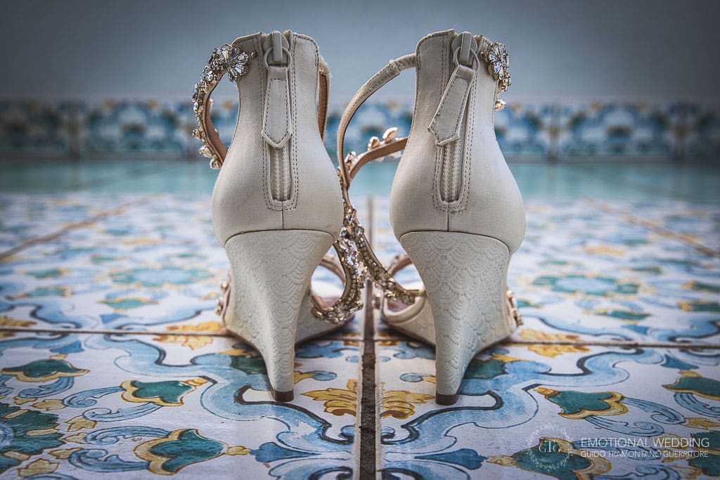 wedding shoes closeup at villa olimpia in sorrento