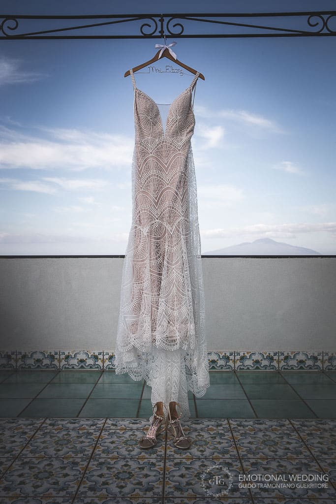wedding dress and shoes on the terrace of villa oasi olimpia in sorrento