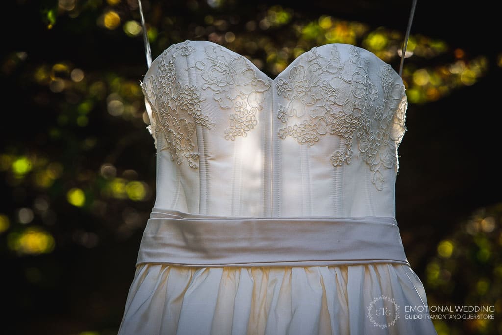 wedding dress closeup at Locanda Rossa in tuscany
