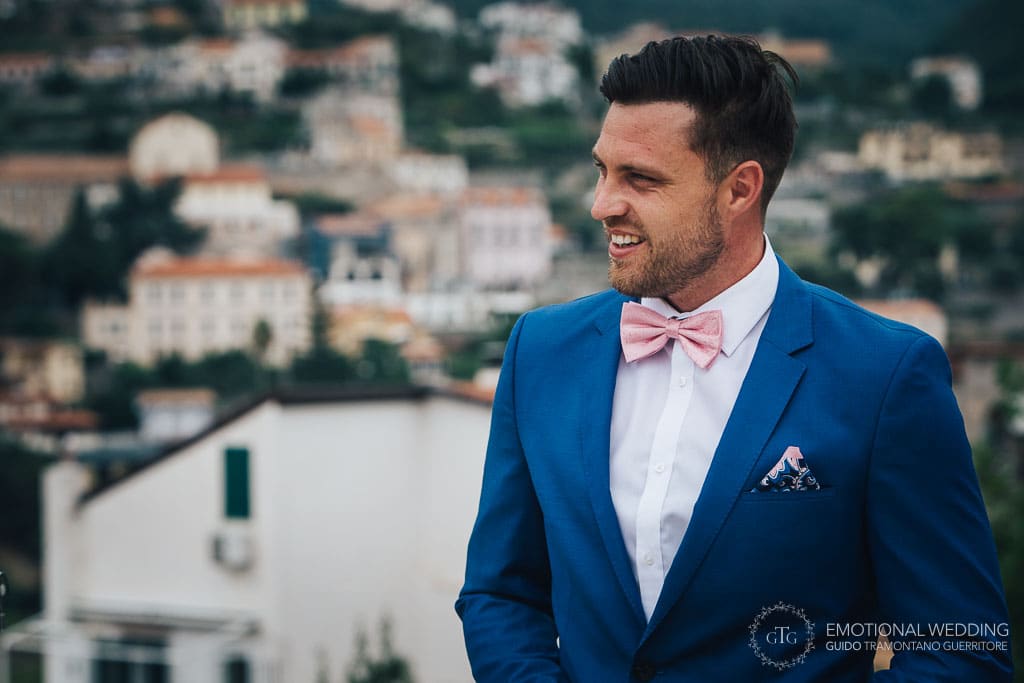 candid portrait of groom after getting ready for wedding ceremony in ravello