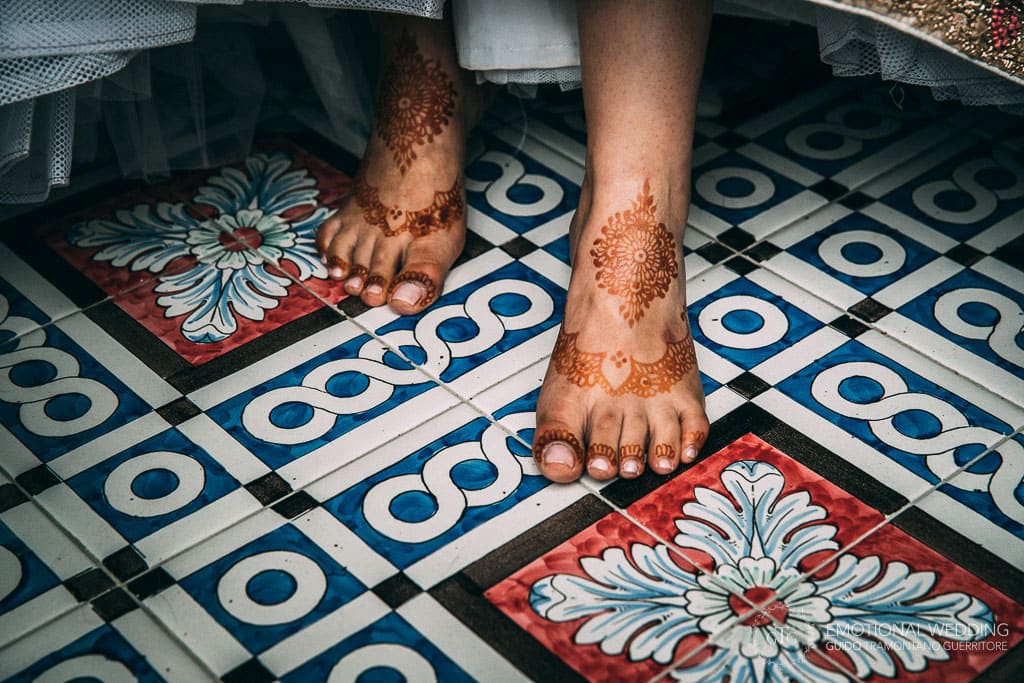 indian henna details on the feet of the bride at hotel Parsifal in ravello