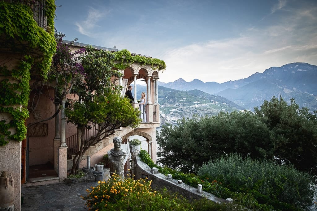 wedding couple on the balcony of villa scarpariello in amalfi coast