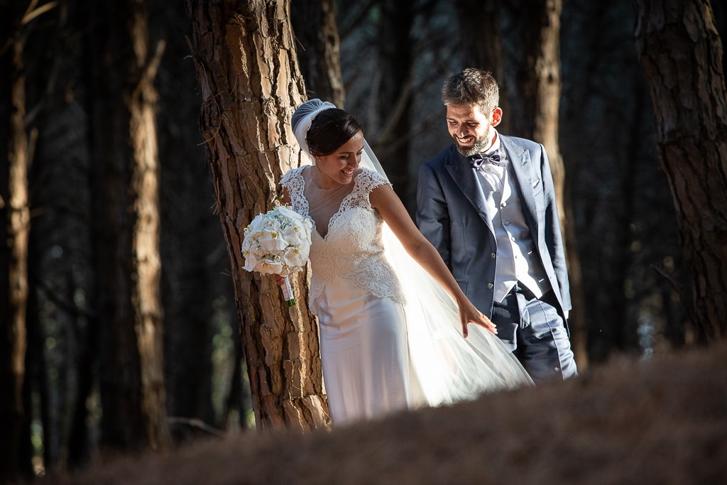 wedding couple in a pine forest