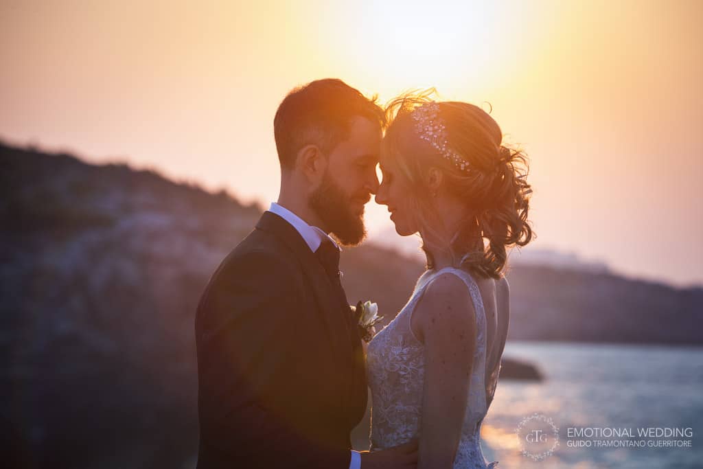 wedding couple close portrait at sunset in puglia