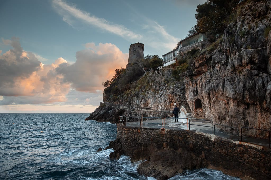 wedding couple walking in praiano amalfi coast