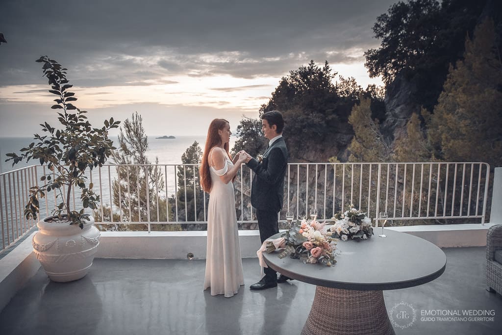 bride and groom on terrace at hotel tritone praiano