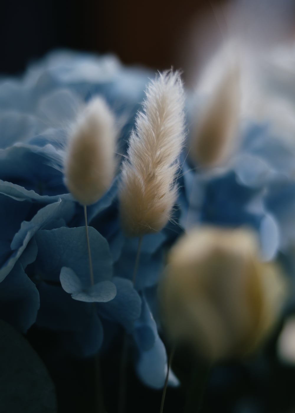 A soft close-up of a floral decoration with delicate blue petals and white feathers, representing the Ethereal Wedding Collection.